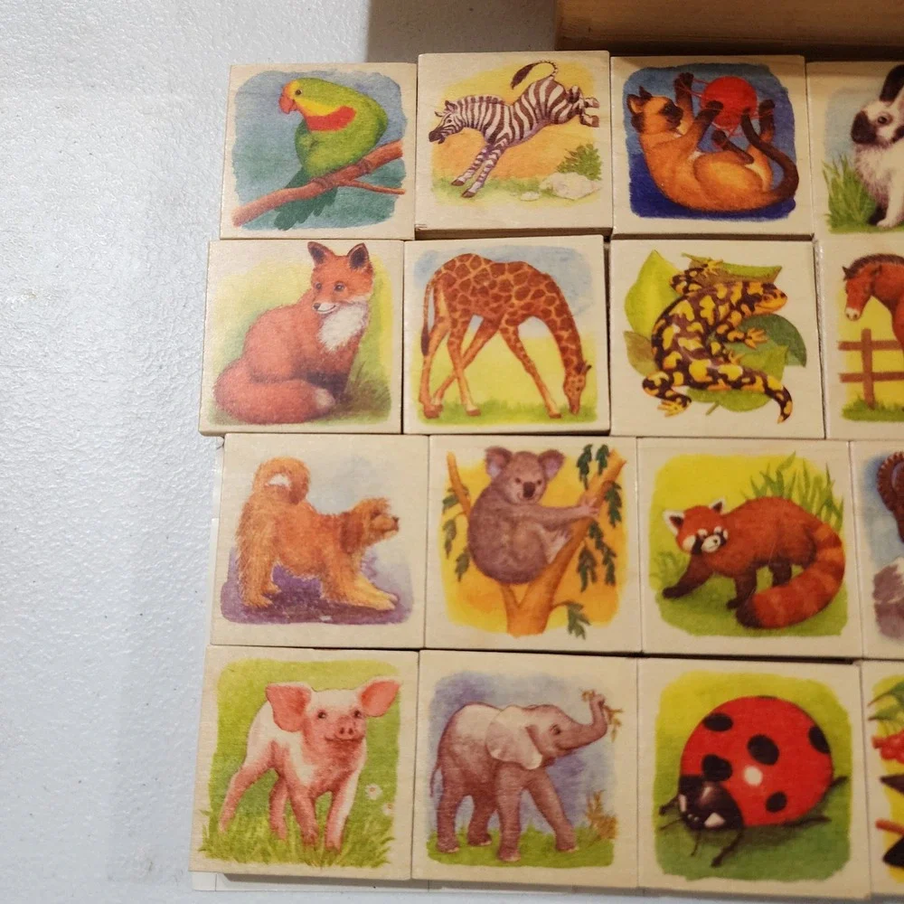 Vintage Wooden Animal Memory Matching Game 28 Piece Set with Storage Box 714630